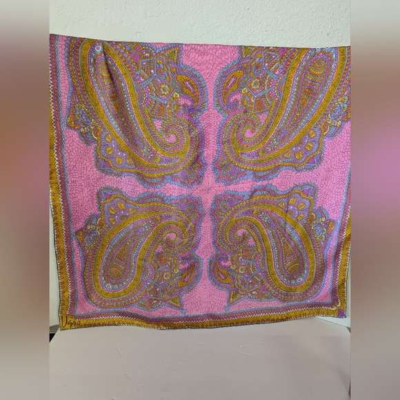 Vintage Scarf Vera Neumann Pink and Gold Geometric Scarf 1970 - Picture 2 of 3
